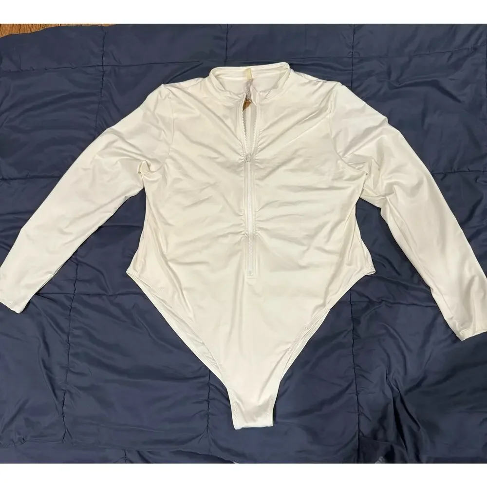 SKIMS SIZE 4X ZIP UP FRONT LONG SLEEVE SWIM ONE PIECE MARBLE WHITE NWT